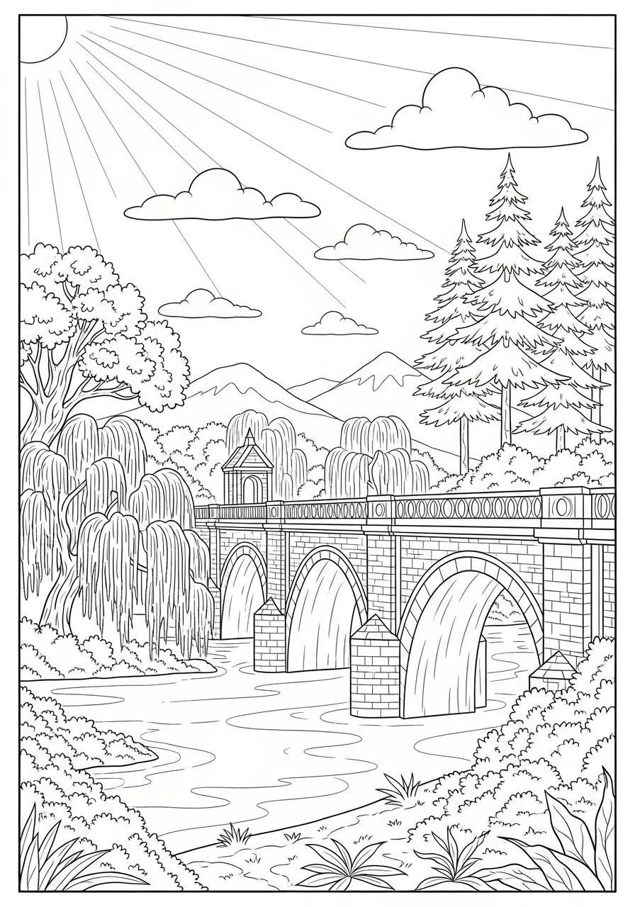 Desenho de Paisagem com ponte e rio para colorir