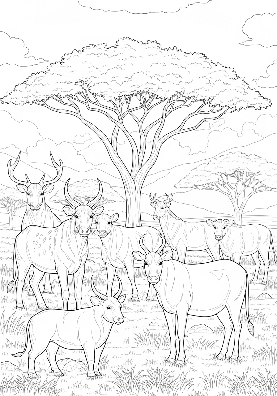 Desenho de Paisagem com animais e árvores para colorir