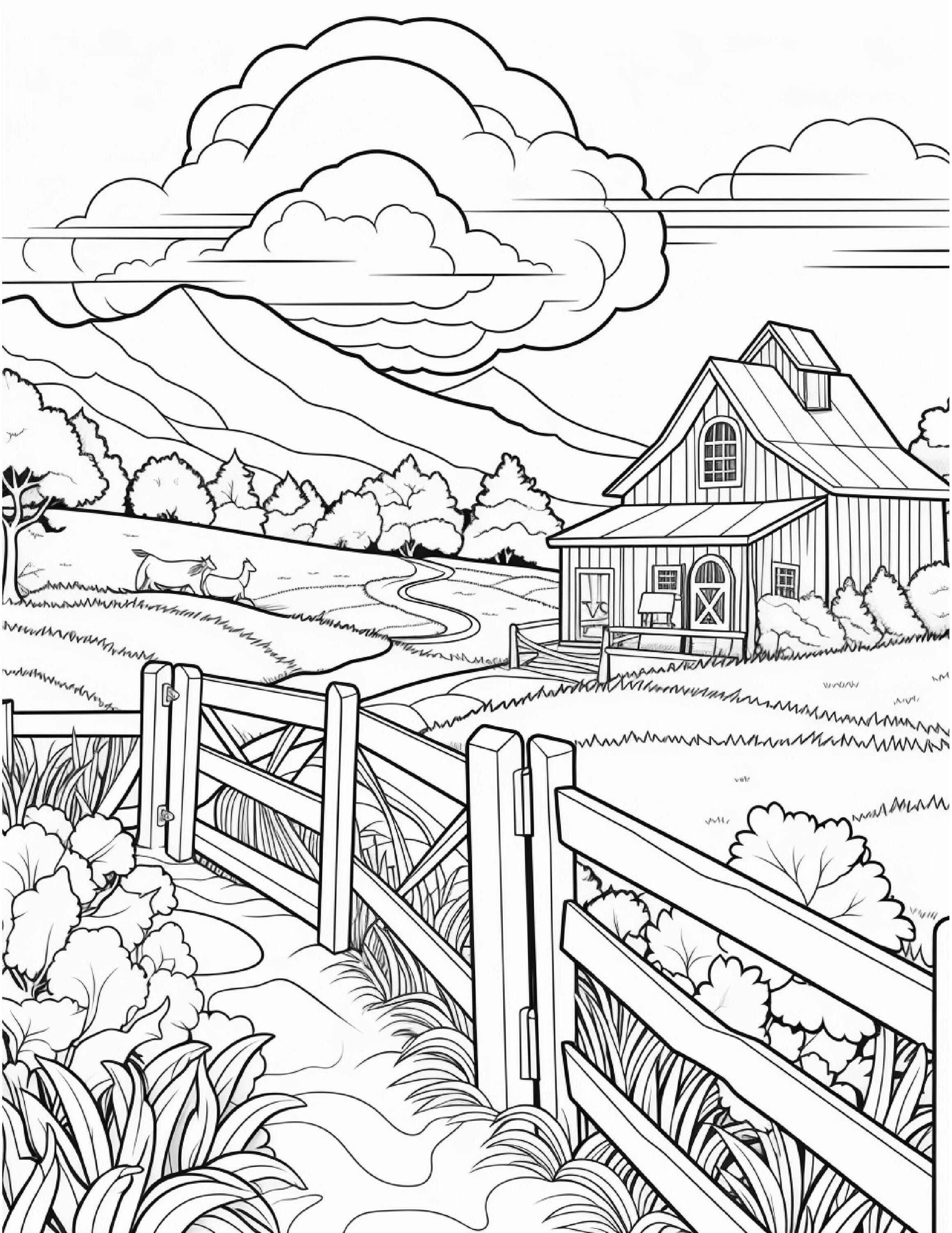 Desenho de Paisagem com fazenda e portão para colorir