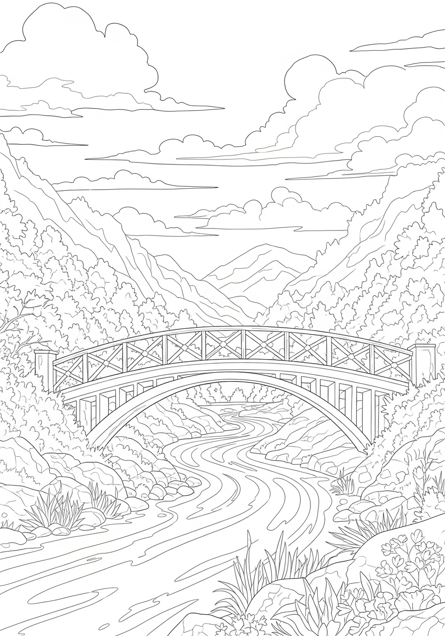 Desenho de Paisagem com ponte sobre rio para colorir