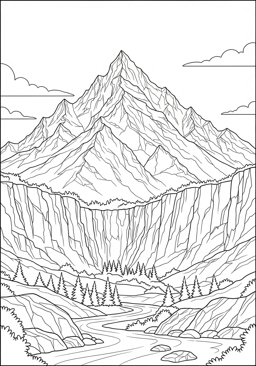 Desenho de Paisagem com montanha e rio para colorir
