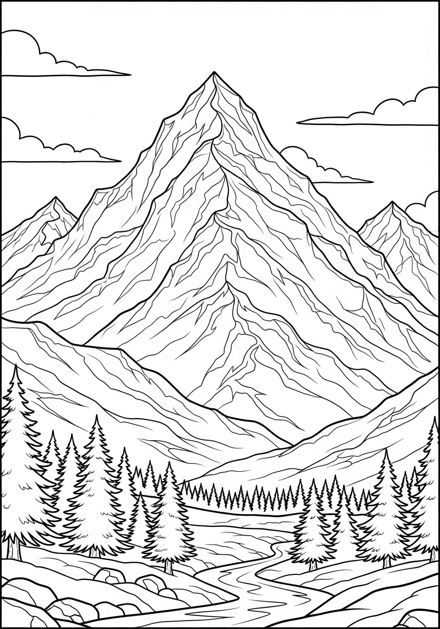 Desenho de Paisagem com montanha e rio para colorir