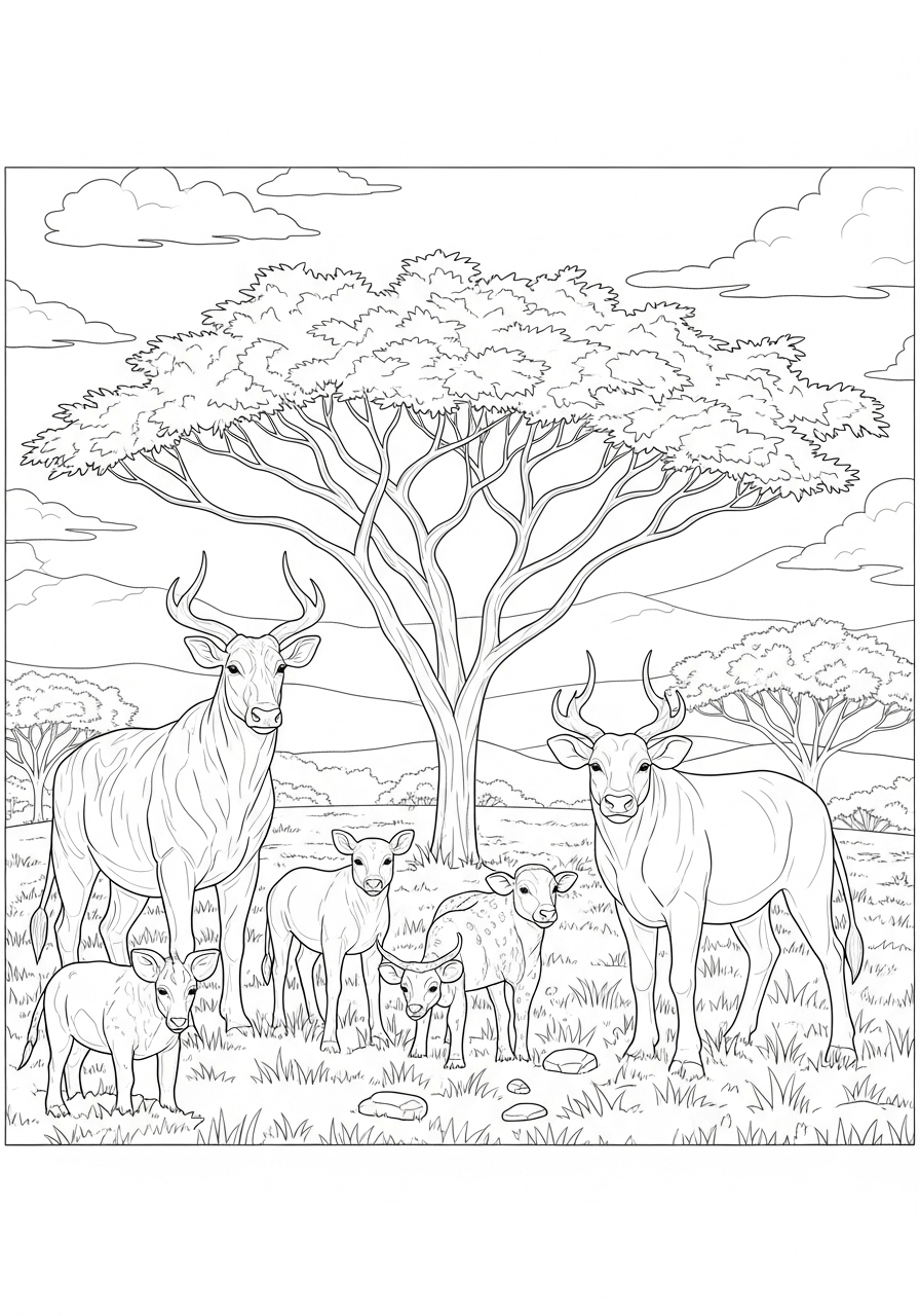 Desenho de Paisagem com savana africana para colorir