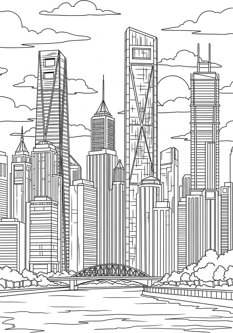 Desenho de Paisagem urbana com arranha-céus para colorir