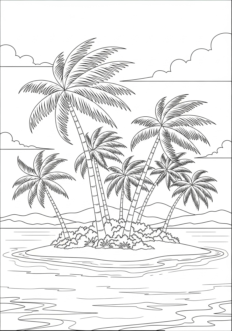 Desenho de Paisagem com ilha e coqueiros para colorir