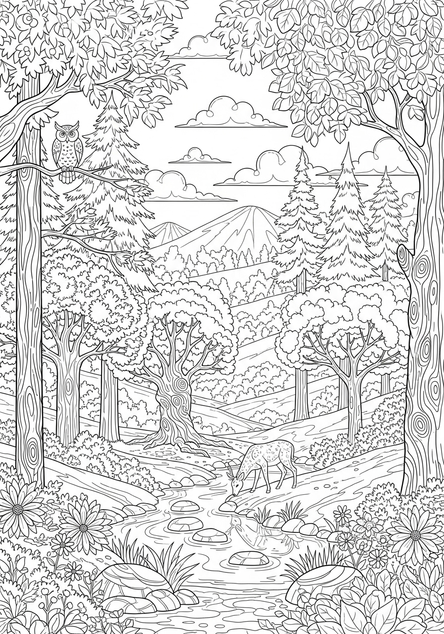 Desenho de Paisagem com floresta e riacho para colorir