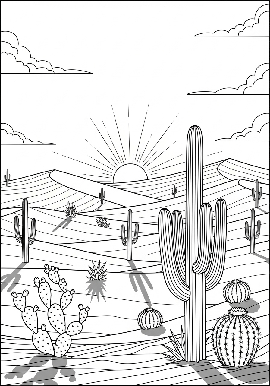 Desenho de Paisagem com cactos e pôr do sol para colorir