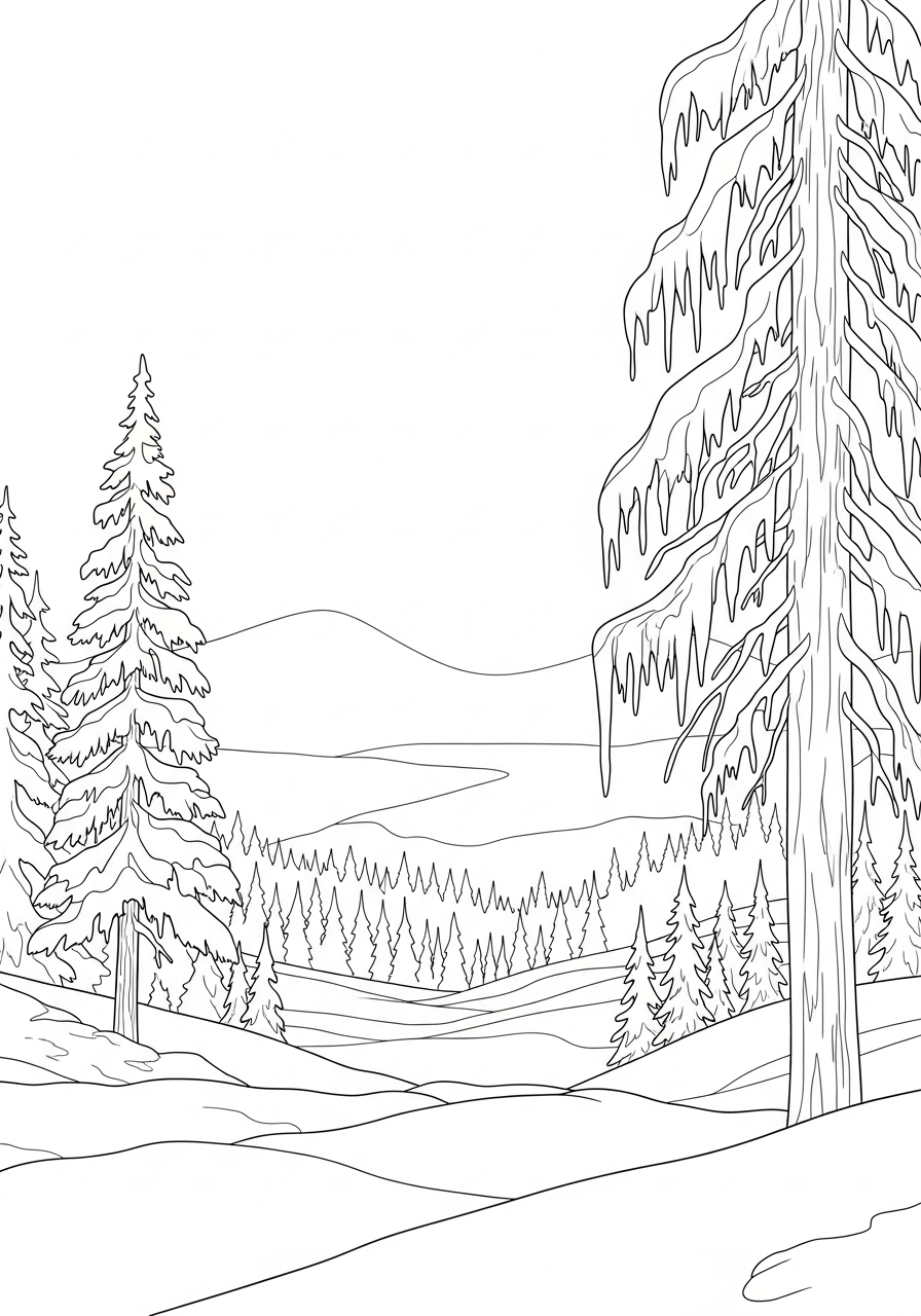 Desenho de Paisagem com árvores e montanhas para colorir