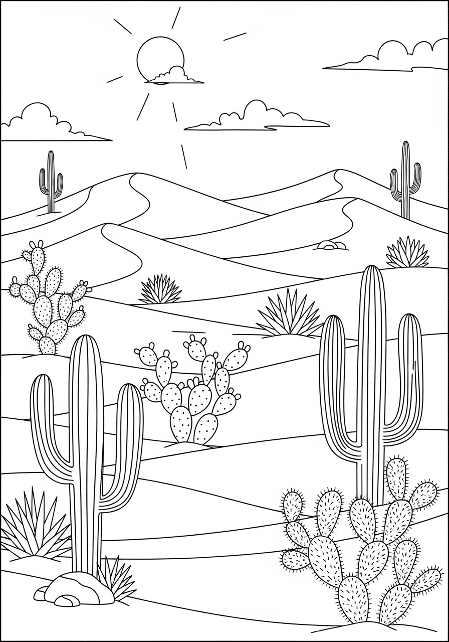 Desenho de Paisagem com cactos e dunas para colorir