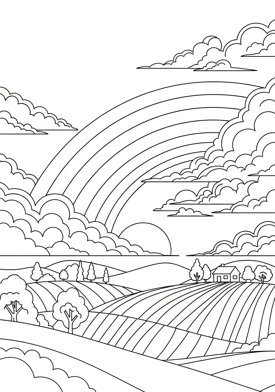 Desenho de Paisagem com arco-íris e campos para colorir
