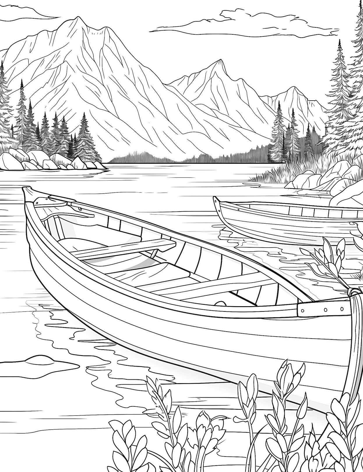 Desenho de Paisagem com lago montanhas e barco para colorir