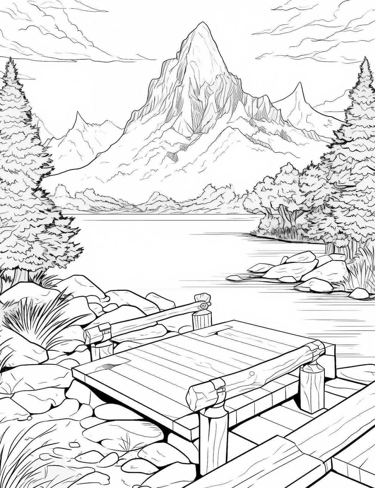 Desenho de Paisagem com montanha e lago para colorir