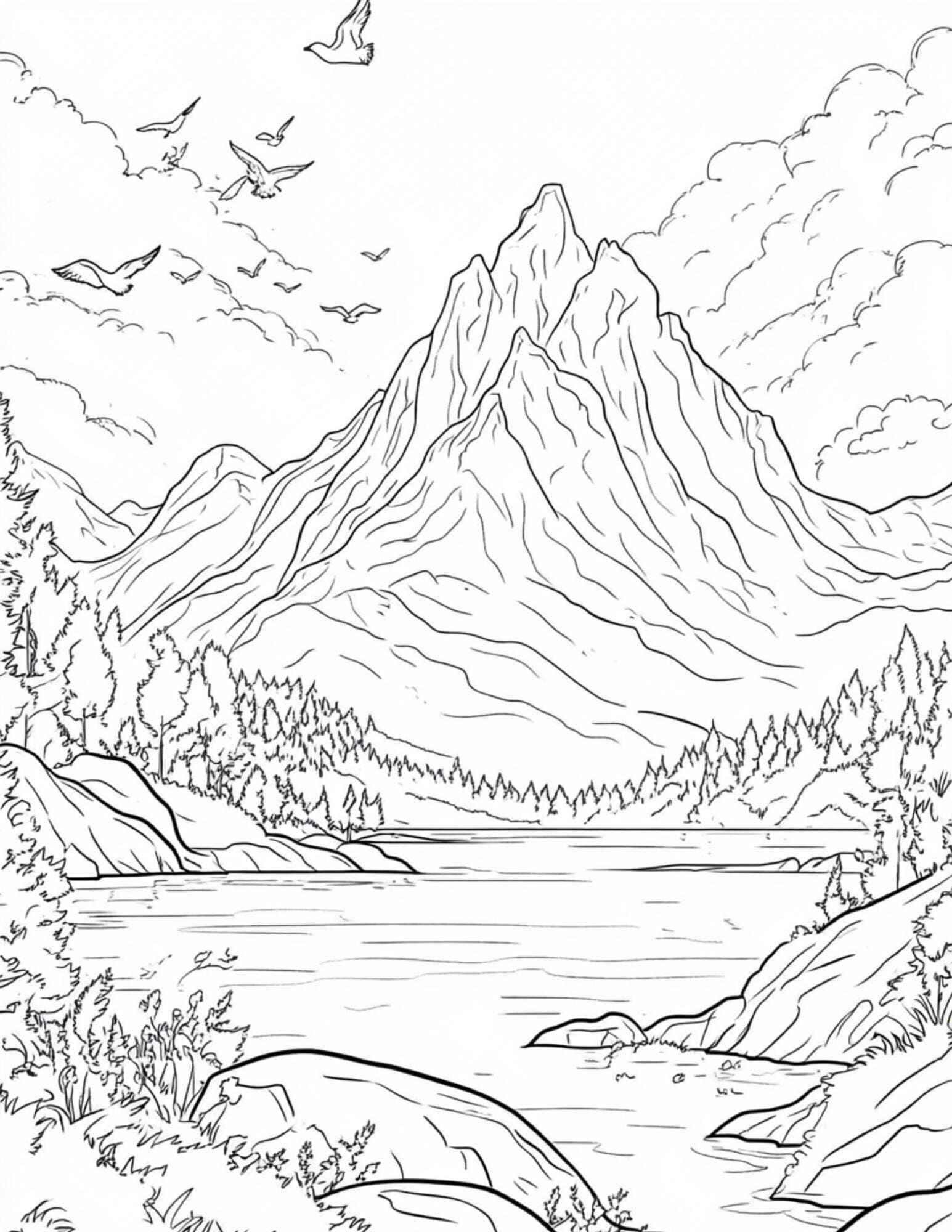 Desenho de Paisagem com montanha e rio para colorir