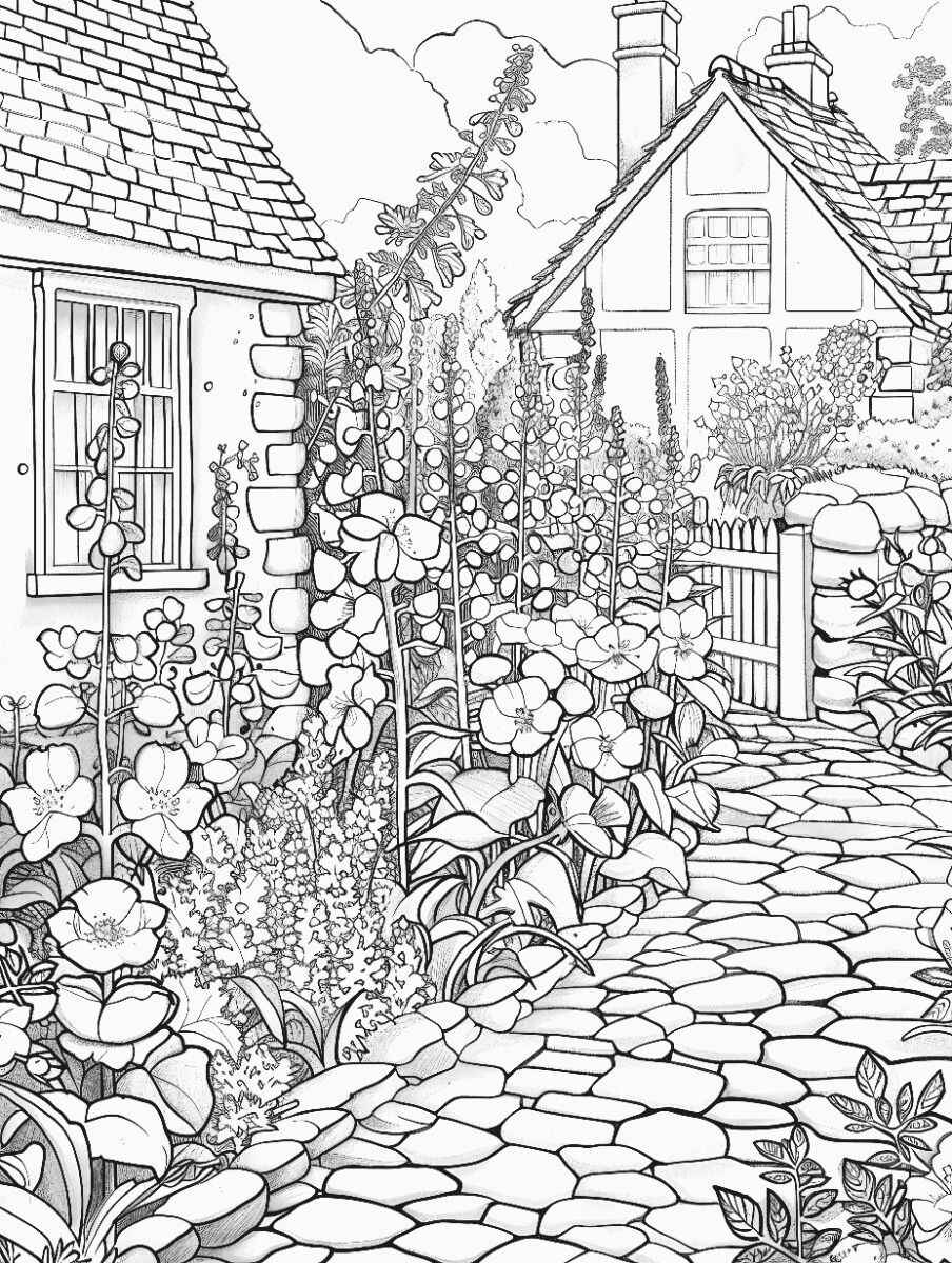 Desenho de Paisagem com casa e flores para colorir