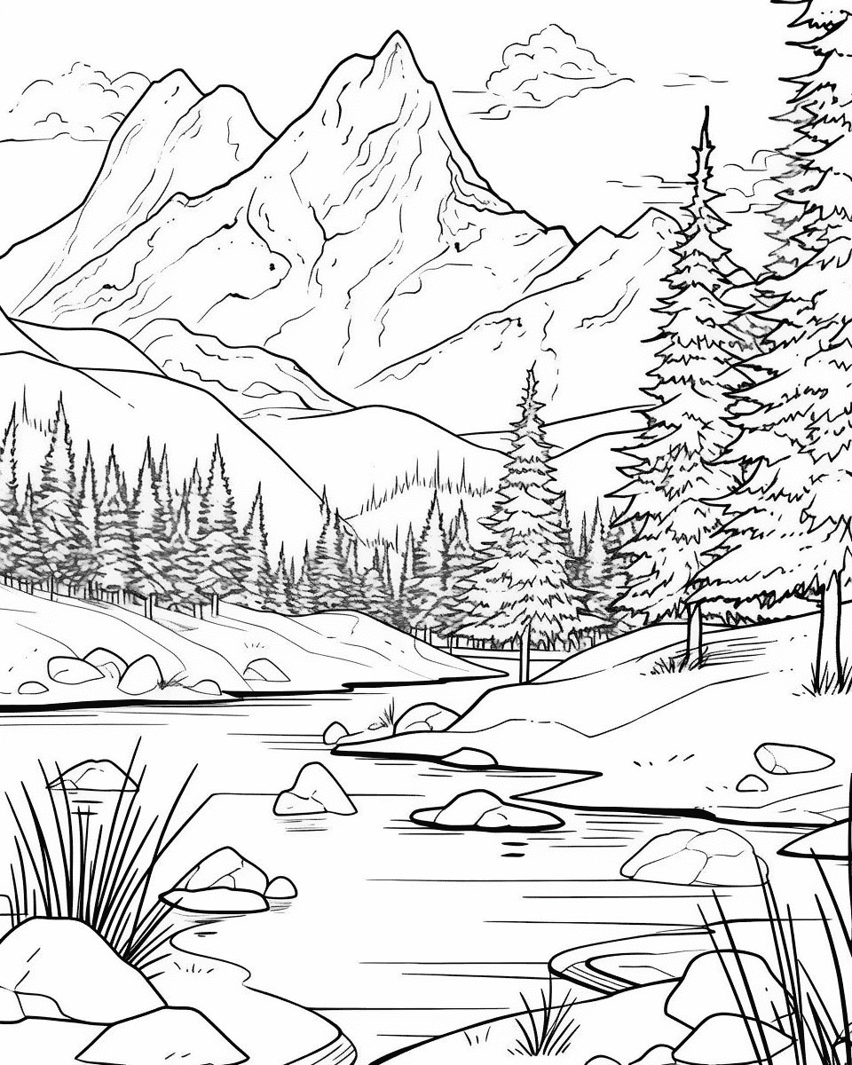 Desenho de Paisagem com montanhas e rio para colorir