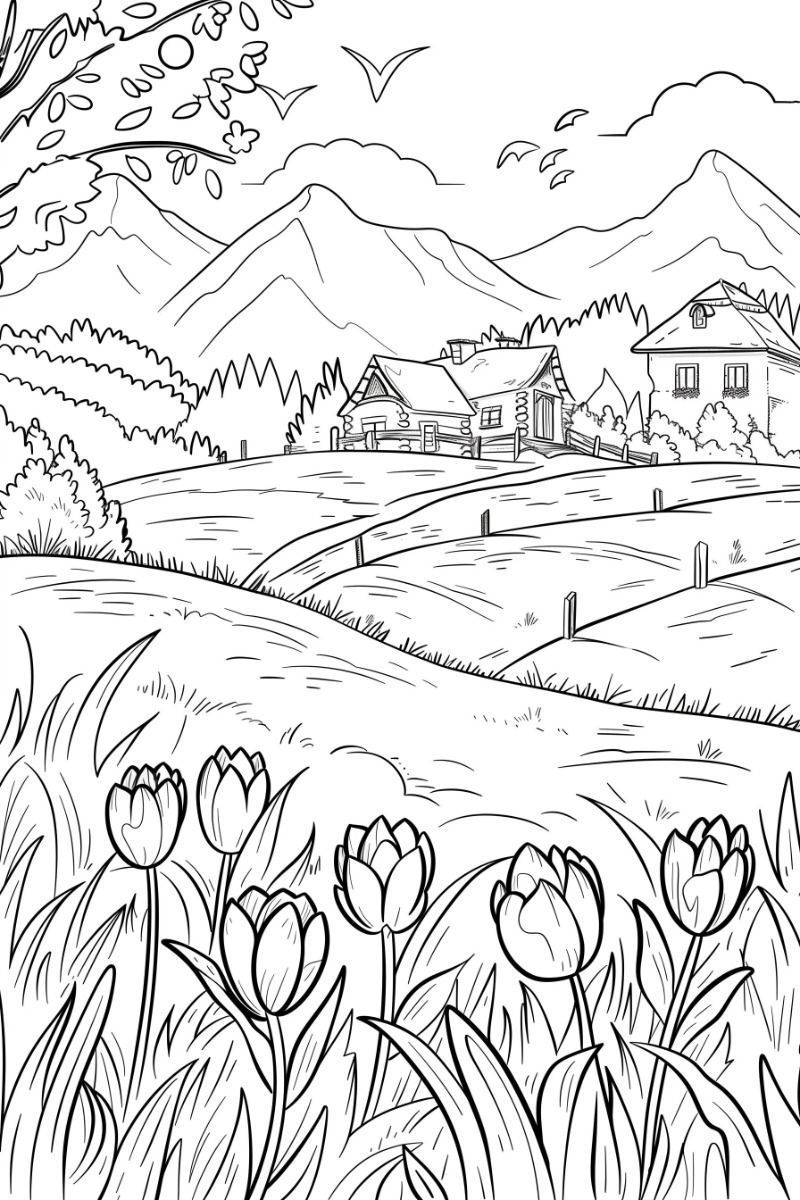 Desenho de Paisagem com tulipas e montanhas para colorir