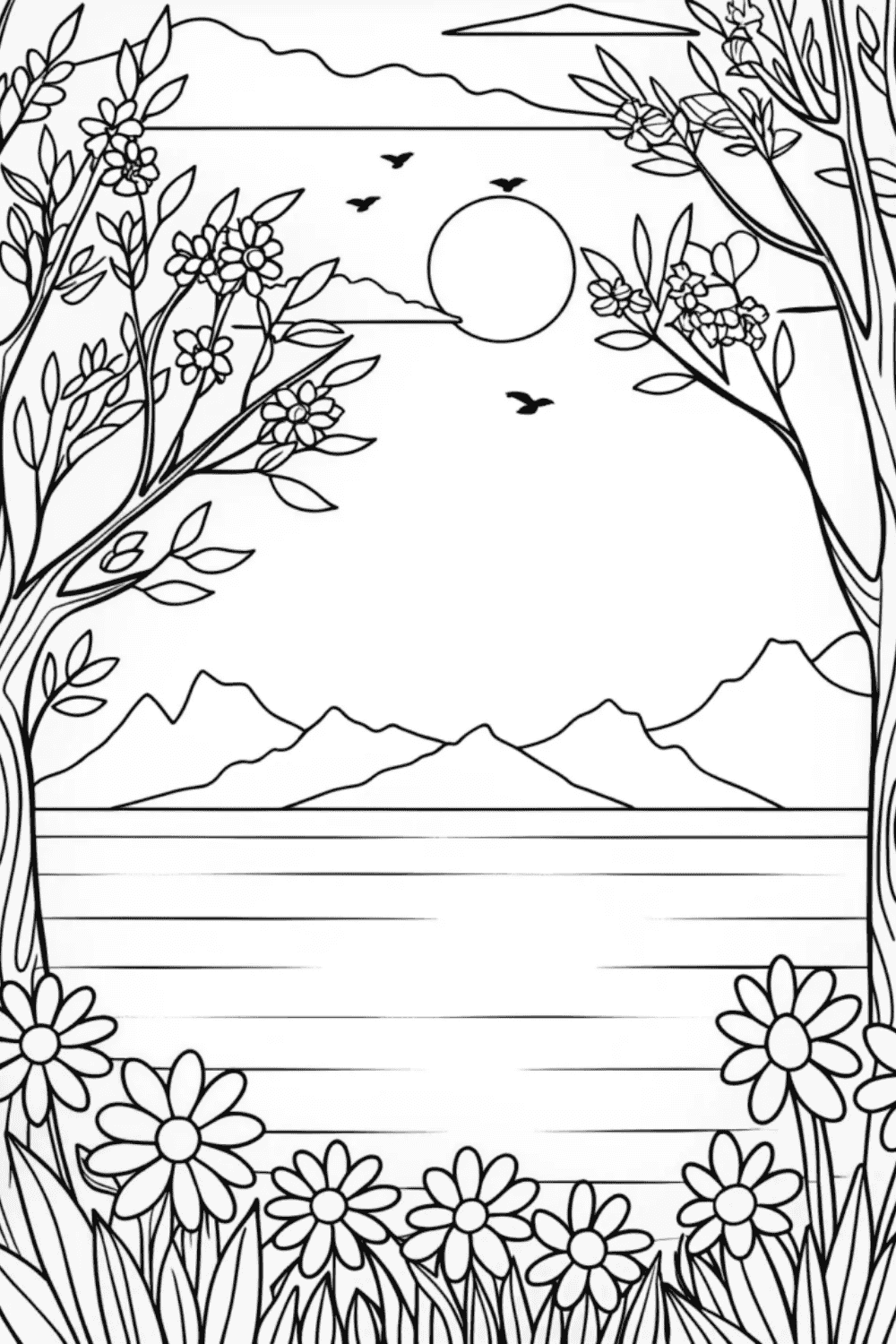 Desenho de Paisagem com montanhas e flores para colorir