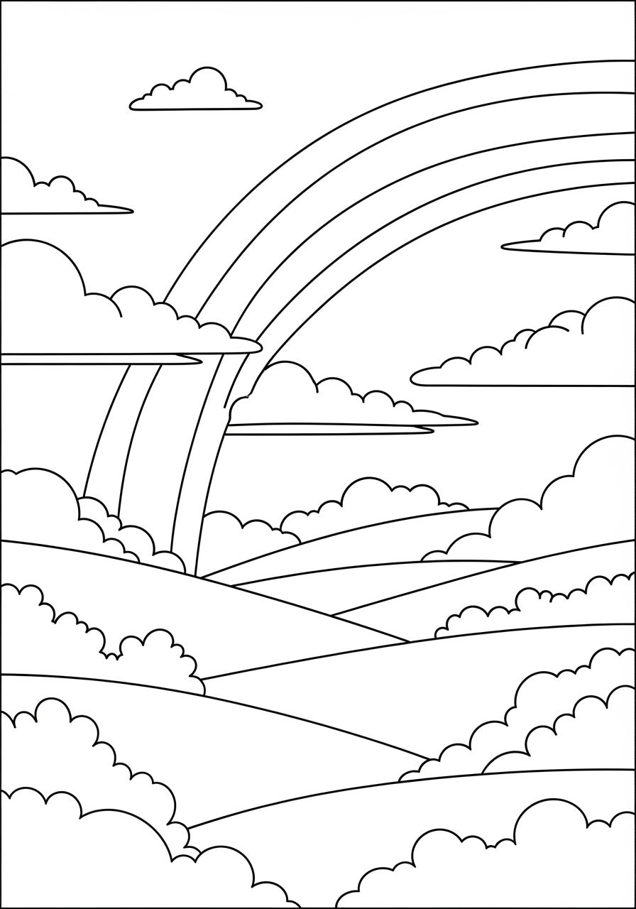 Desenho de Paisagem com arco-íris e nuvens para colorir