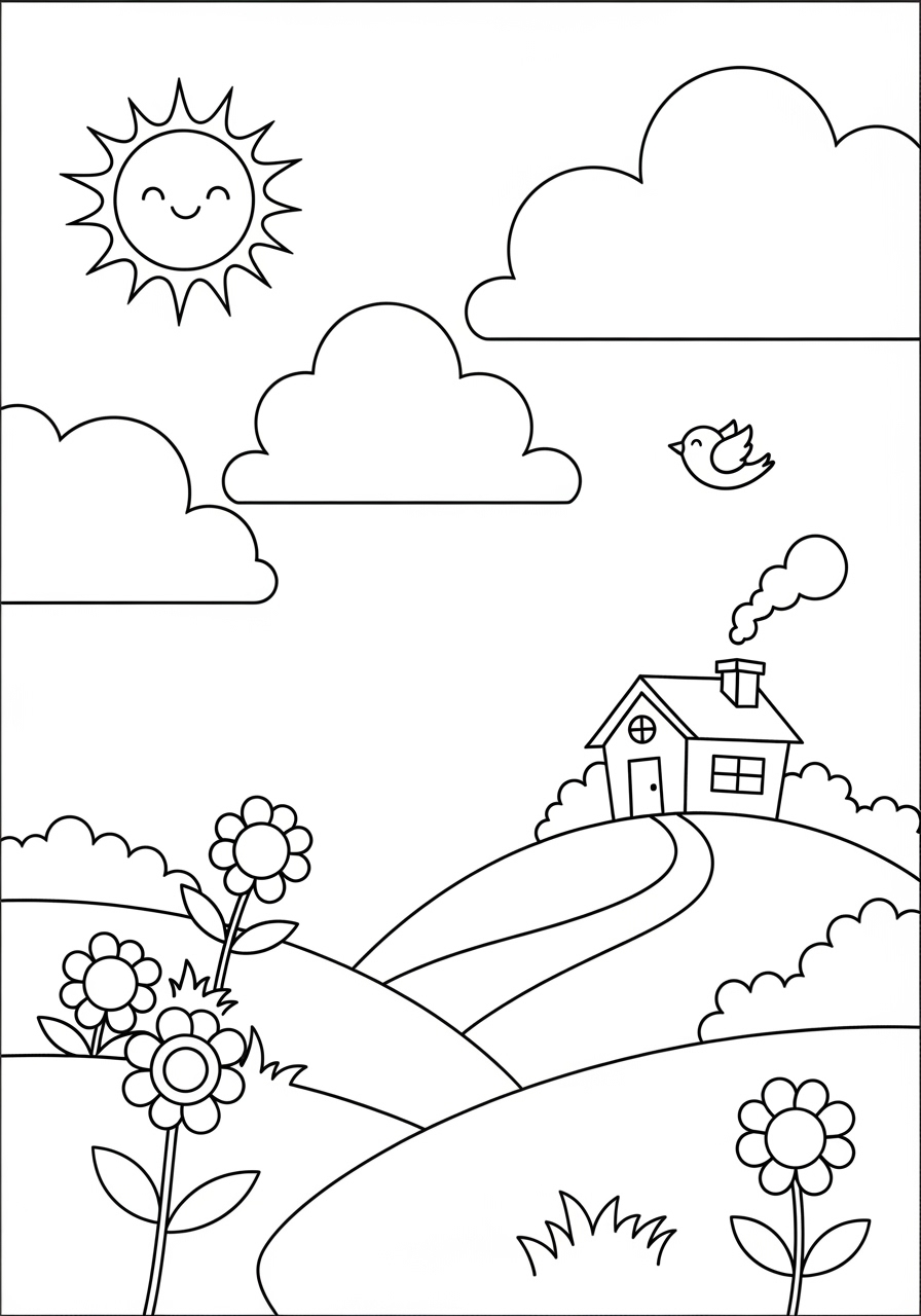 Desenho de Paisagem com casa na colina para colorir