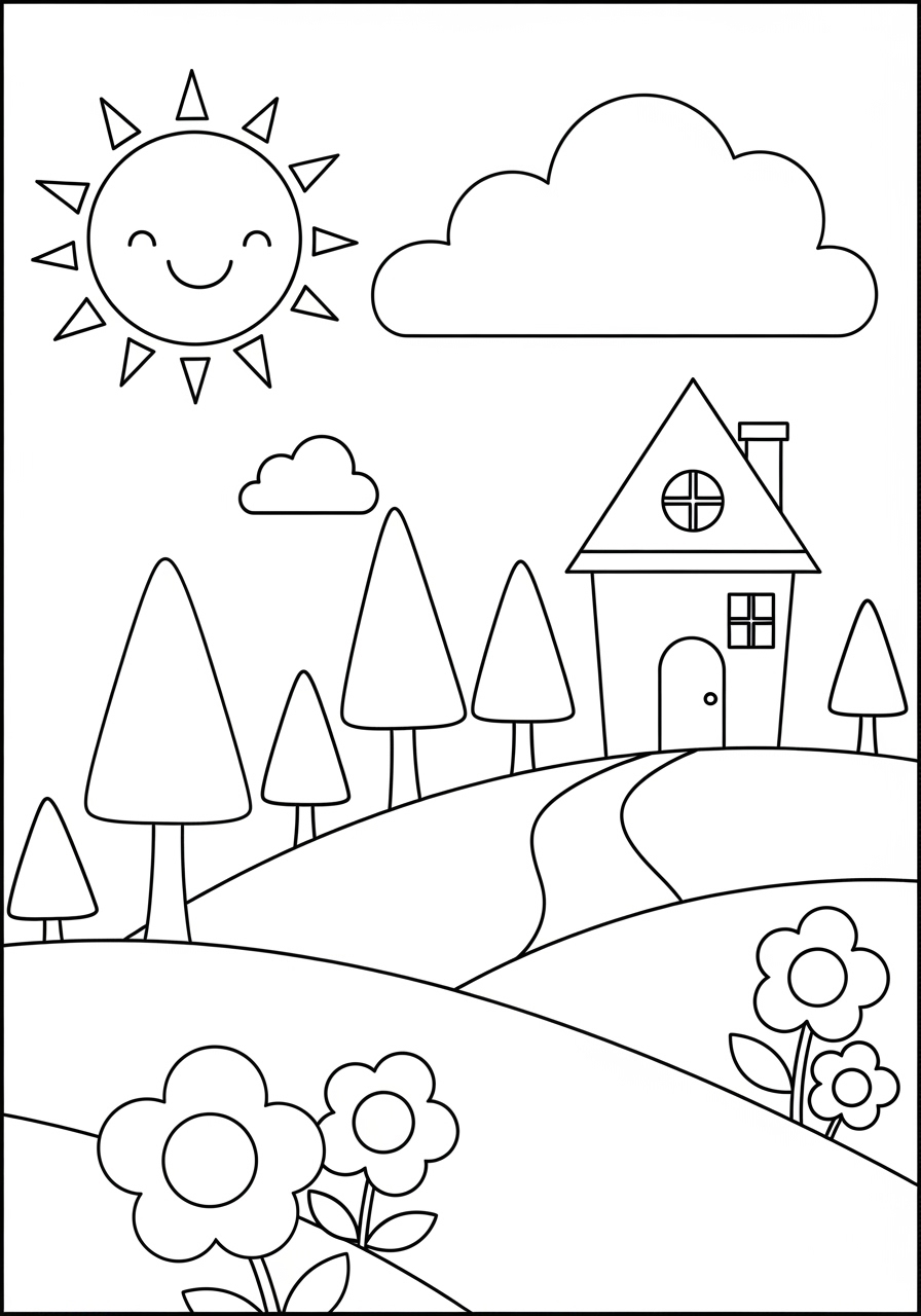Desenho de Paisagem com casa numa colina para colorir