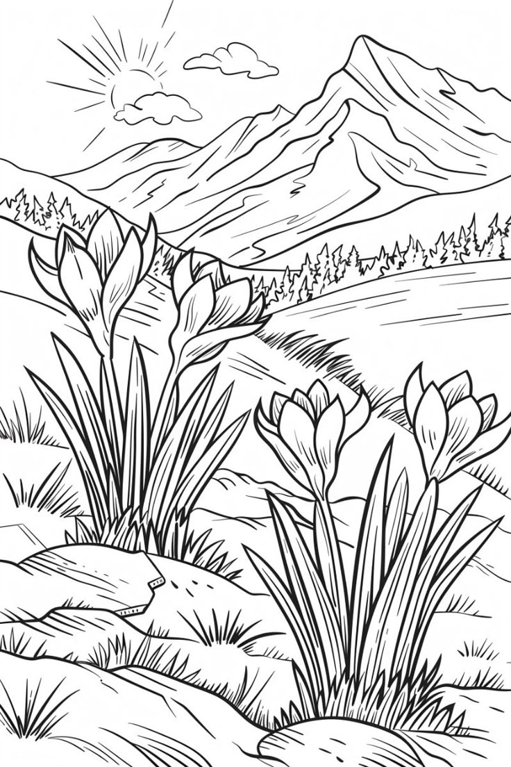 Desenho de Paisagem com montanhas e flores para colorir