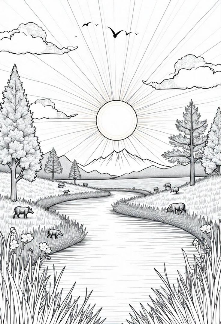 Desenho de Paisagem com rio montanha e animais para colorir