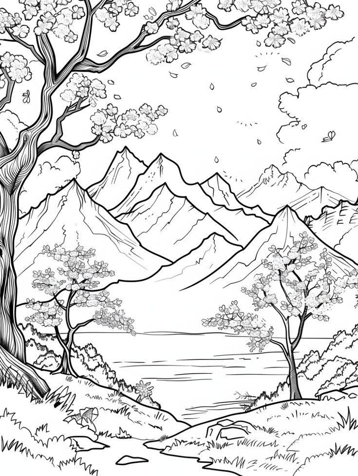 Desenho de Paisagem com montanhas e lago para colorir