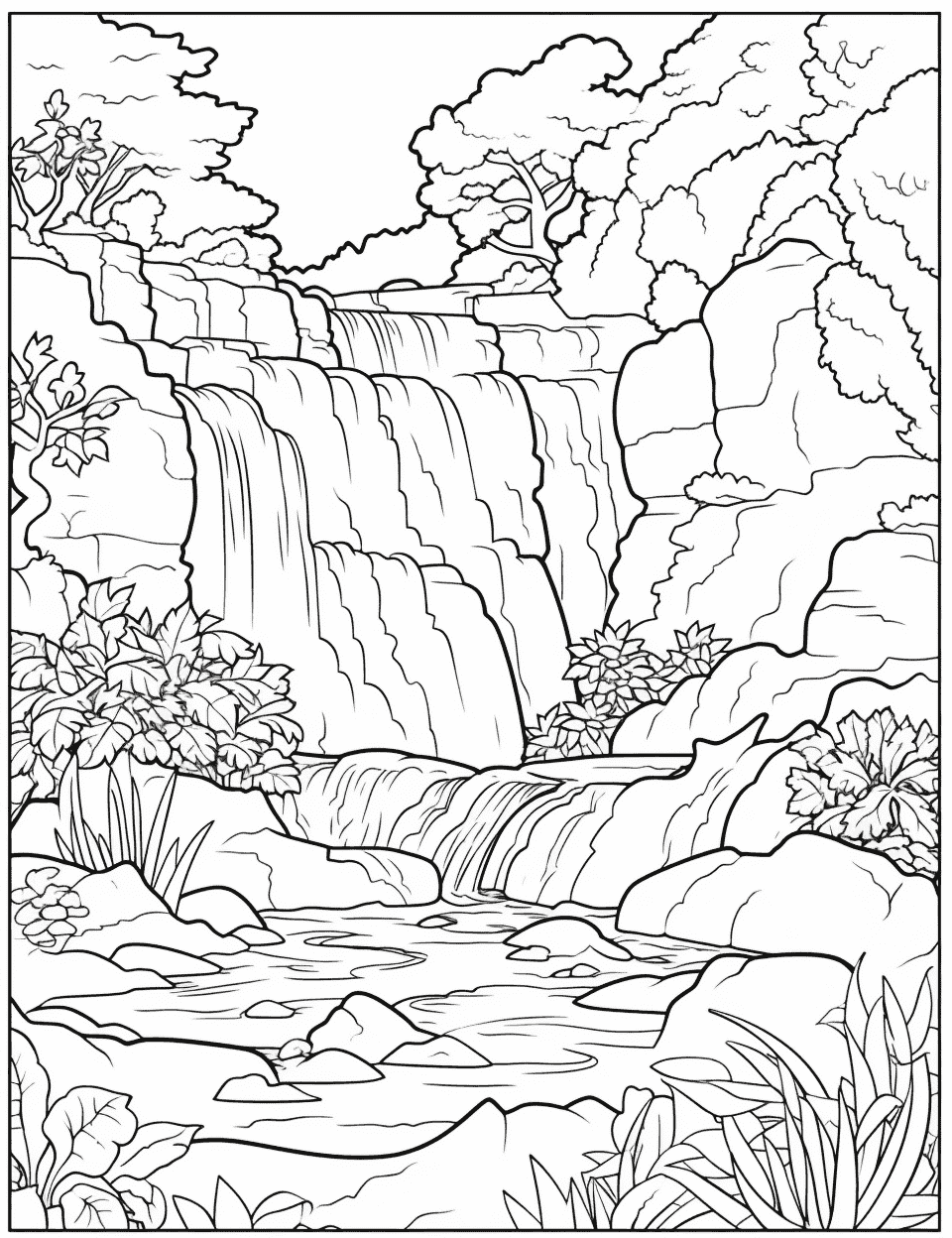 Desenho de Paisagem com cachoeira e pedras para colorir