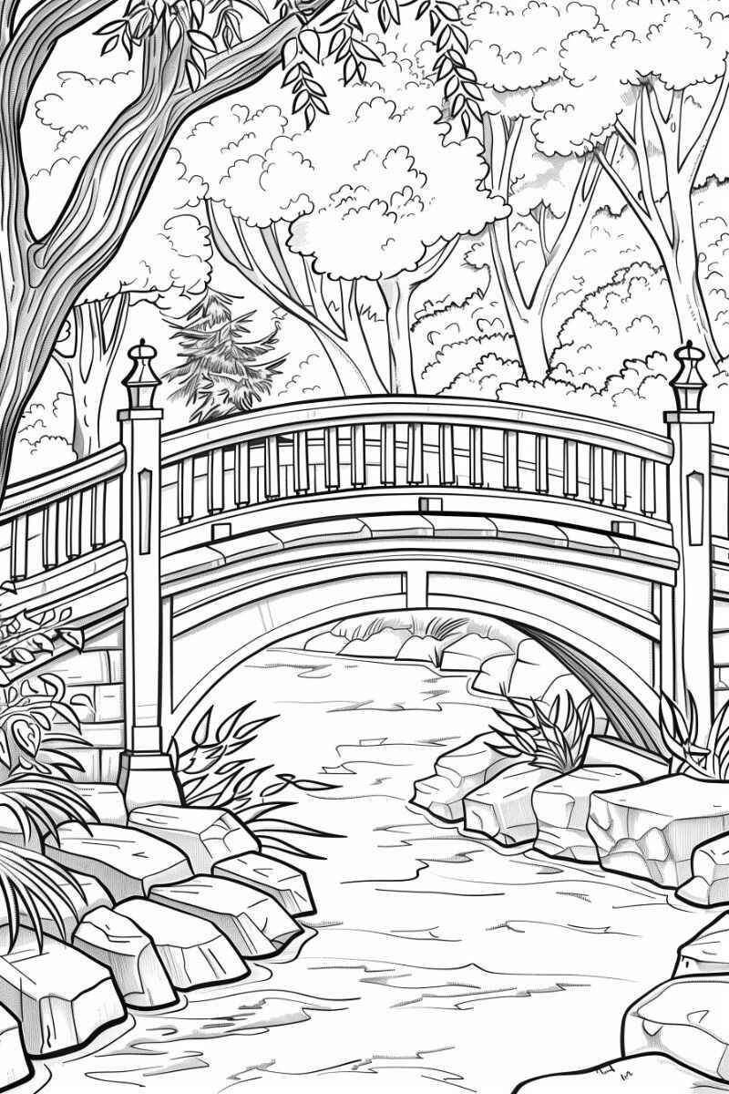 Desenho de Paisagem com ponte sobre rio para colorir