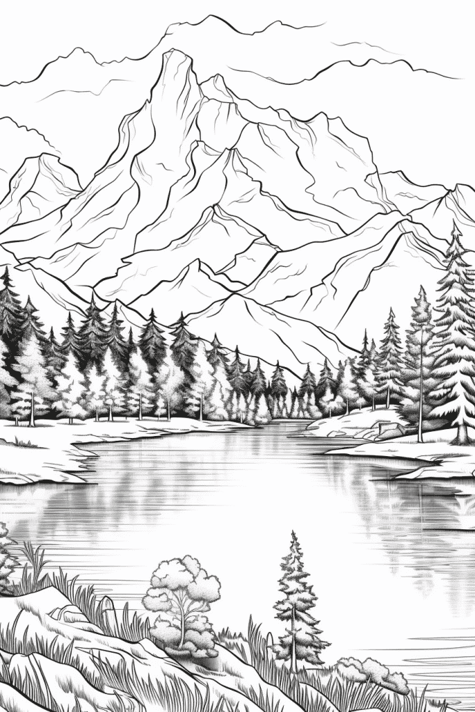 Desenho de Paisagem com montanha e rio para colorir