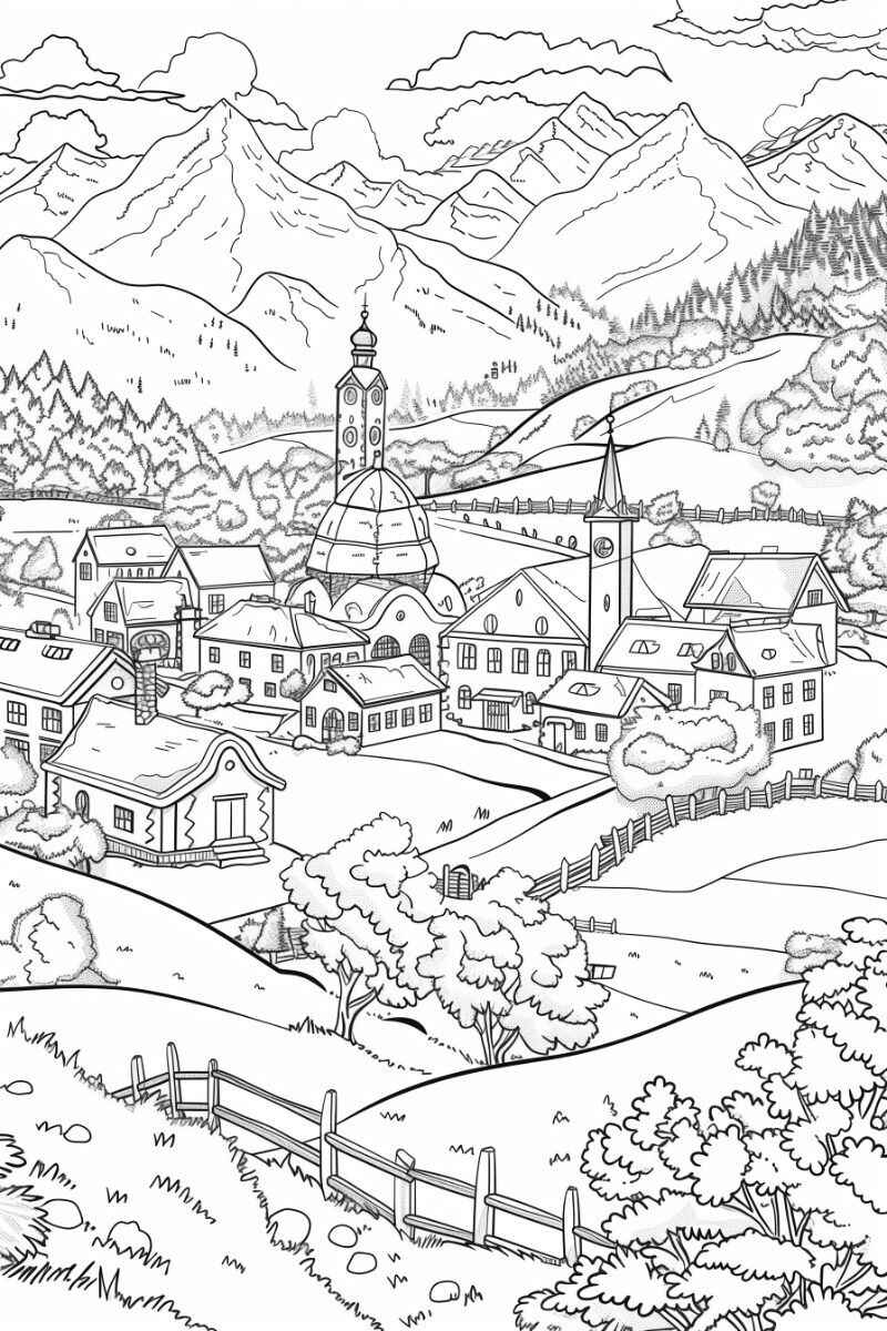 Desenho de Paisagem com vila nas montanhas para colorir