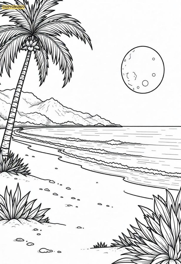 Desenho de Paisagem com praia e lua para colorir