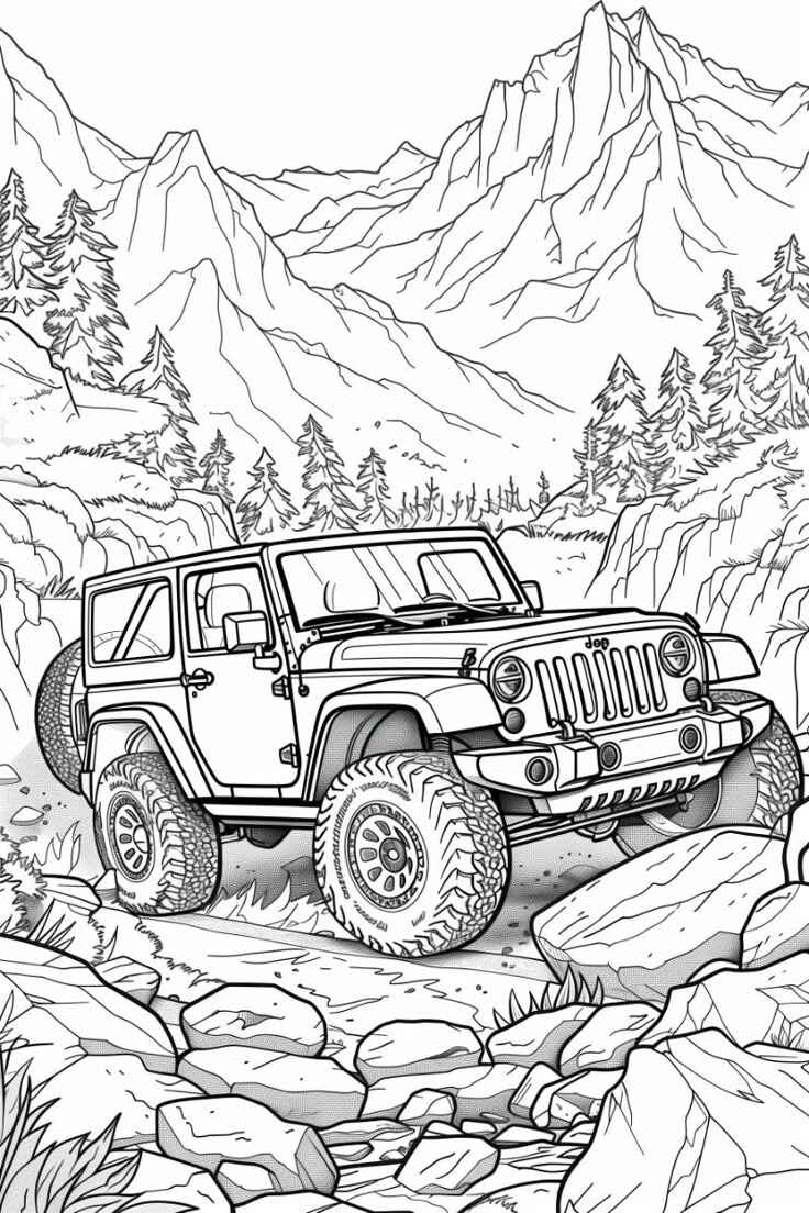 Desenho de Paisagem com jipe em montanhas para colorir