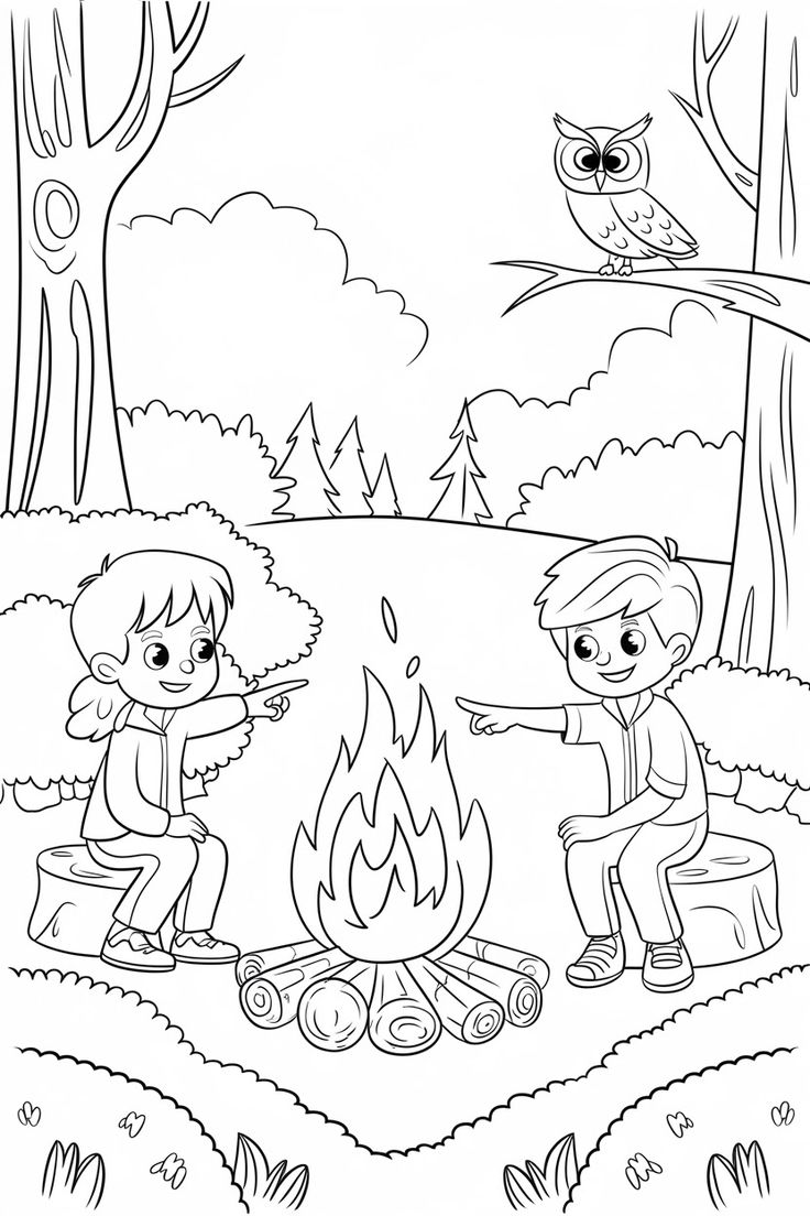 Desenho de Paisagem com crianças e fogueira para colorir