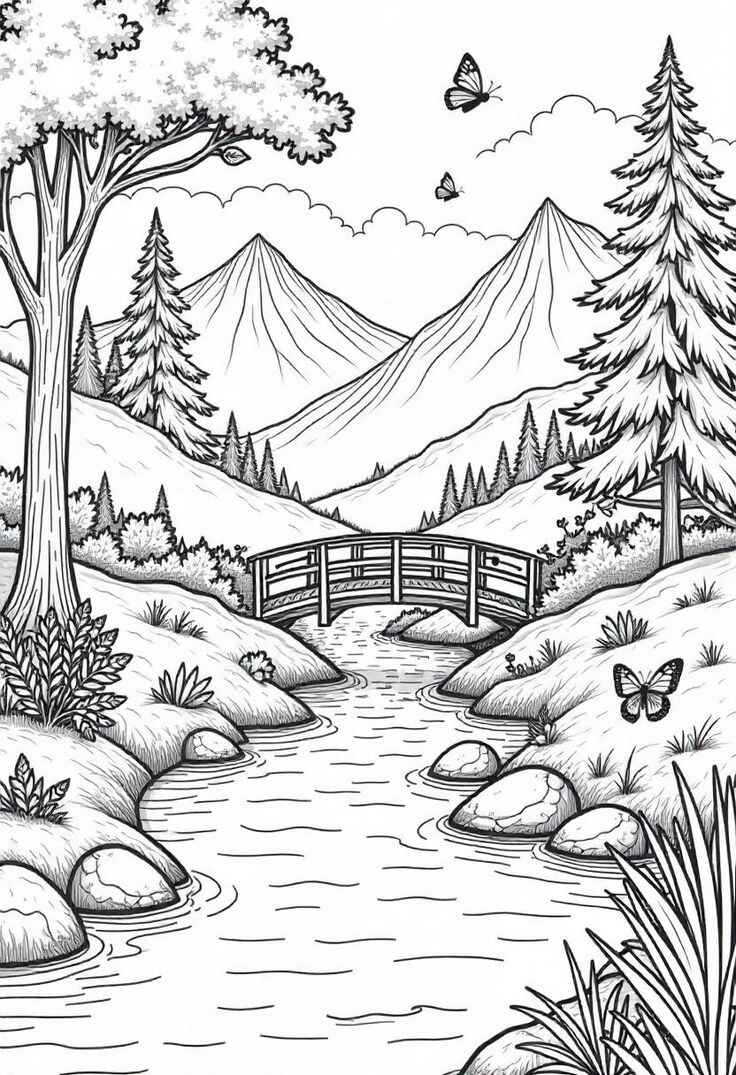 Desenho de Paisagem com rio ponte e montanhas para colorir