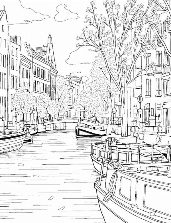 Desenho de Paisagem com canal e barcos para colorir