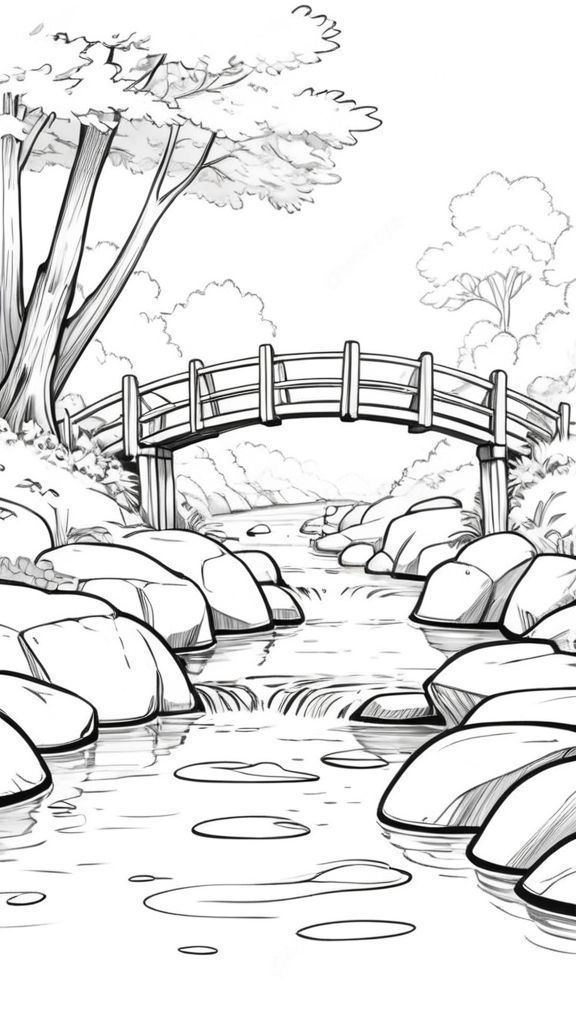 Desenho de Paisagem com ponte sobre rio para colorir