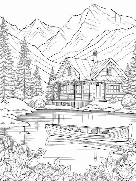 Desenho de Paisagem com casa lago e montanhas para colorir