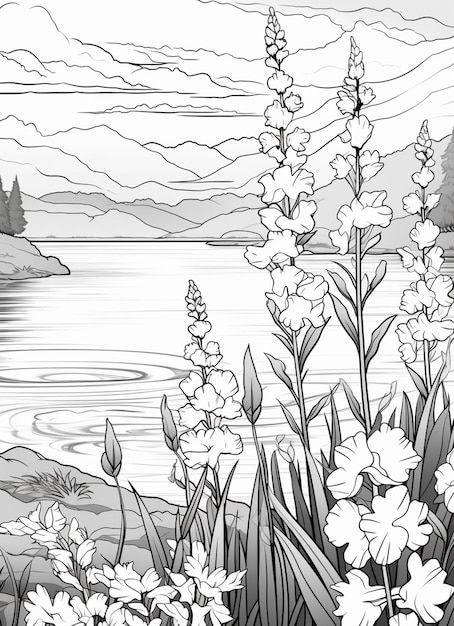 Desenho de Paisagem com lago e flores altas para colorir