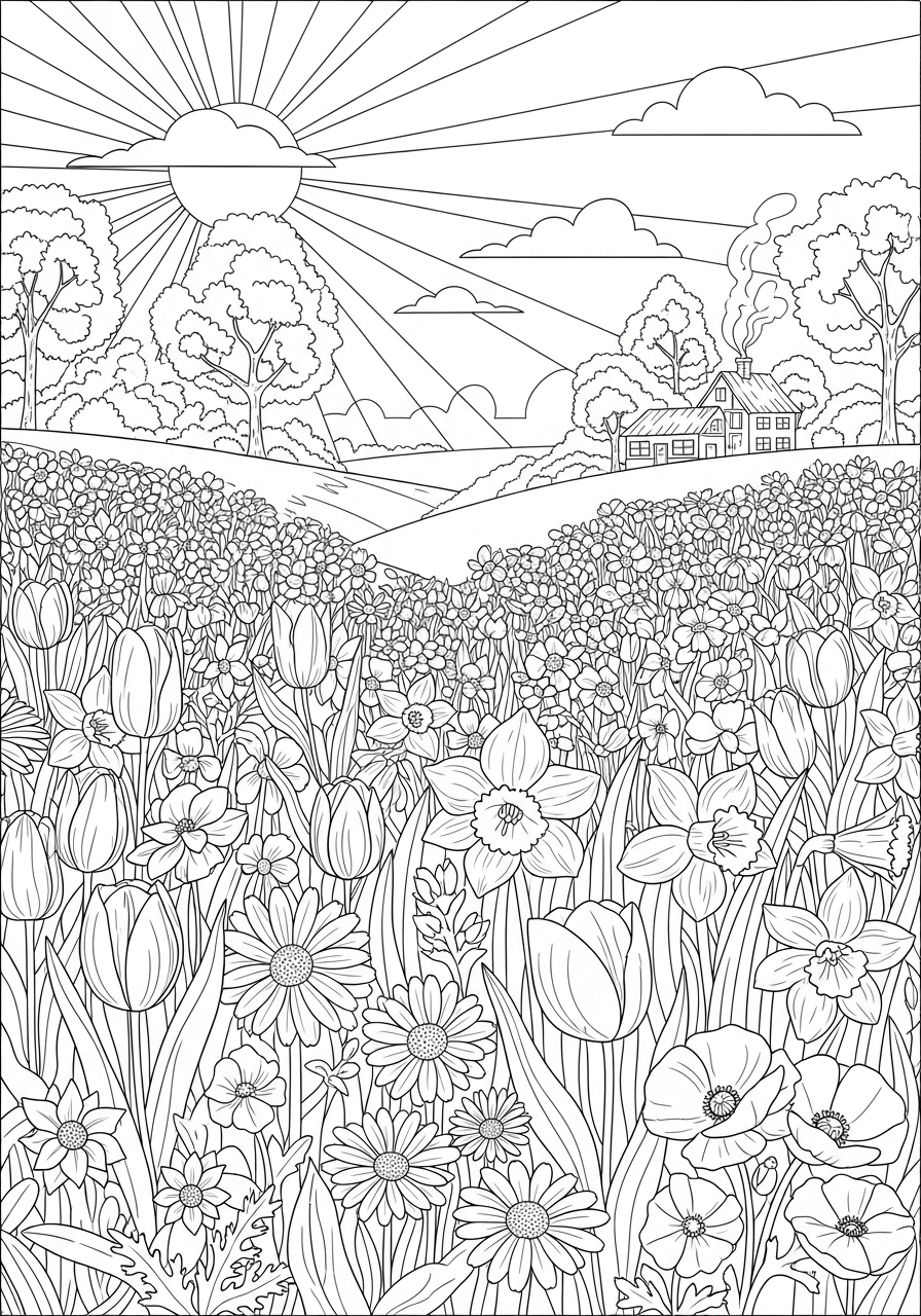 Desenho de Paisagem com campo de flores para colorir