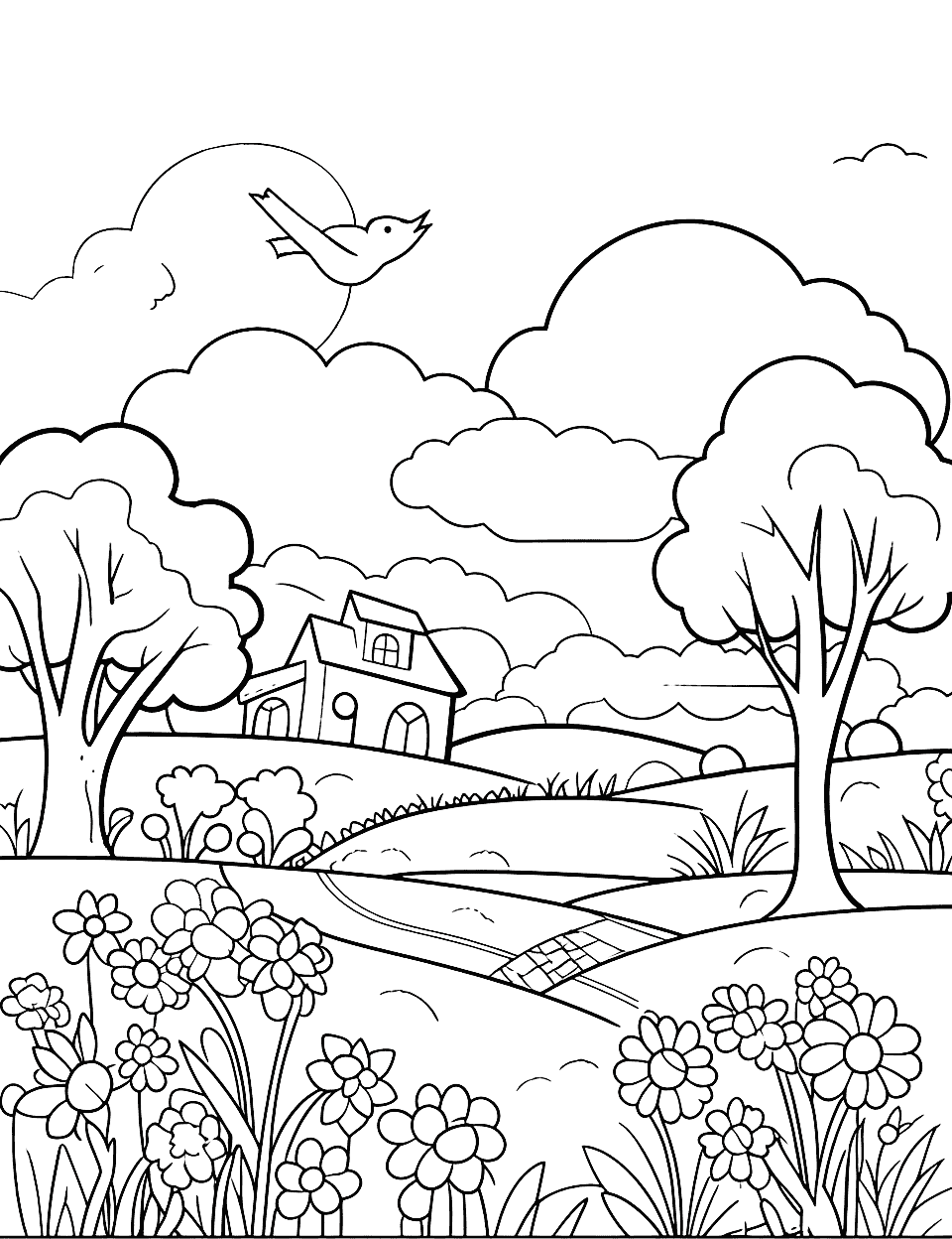 Desenho de Paisagem com casa e árvores para colorir