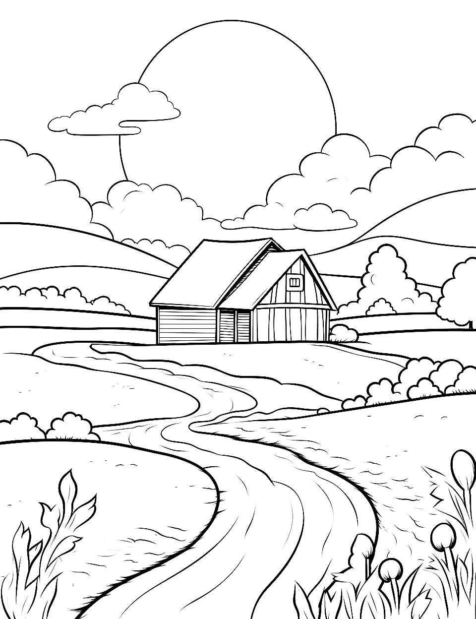 Desenho de Paisagem com casa e colinas para colorir