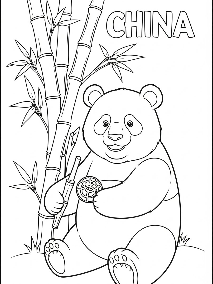Desenho de Panda fofinho com bambu para colorir