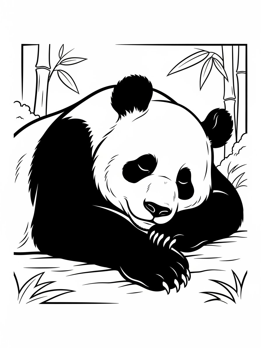 Desenho de Panda relaxando entre bambus para colorir