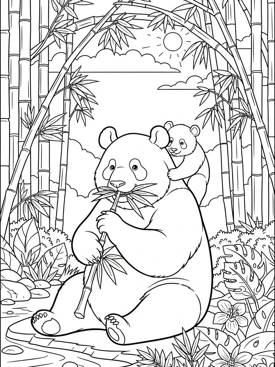 Desenho de Panda fofo com filhote para colorir