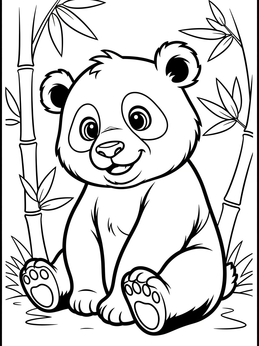 Desenho de Panda fofo sentado entre bambus para colorir