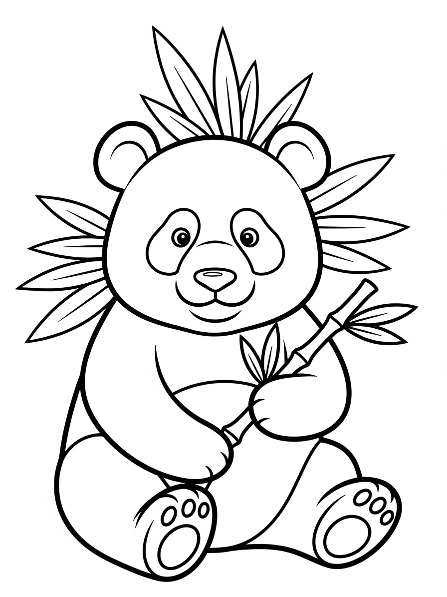 Desenho de Panda fofo segurando bambu para colorir