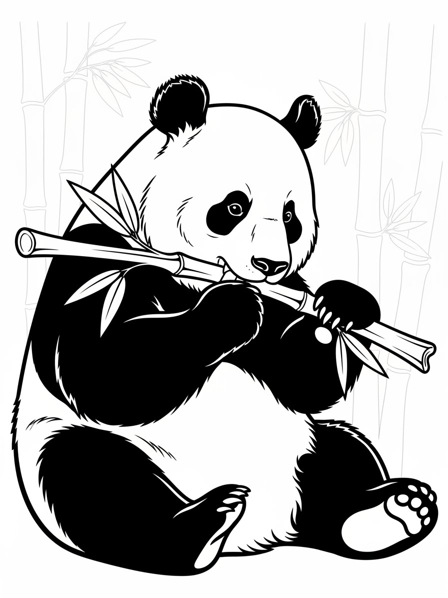 Desenho de Panda fofo segurando bambu para colorir