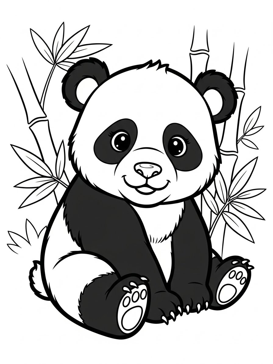 Desenho de Panda fofo sentado entre bambus para colorir