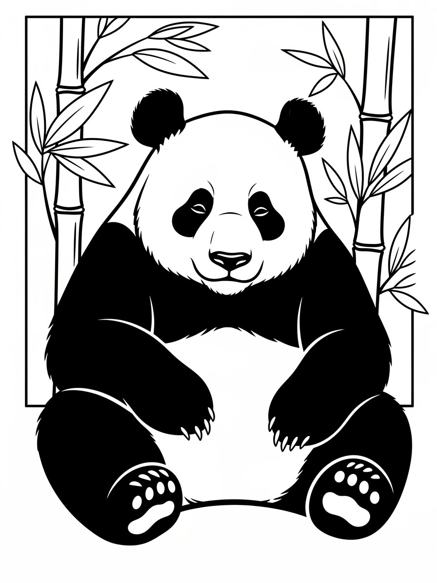 Desenho de Panda sentado com bambu para colorir